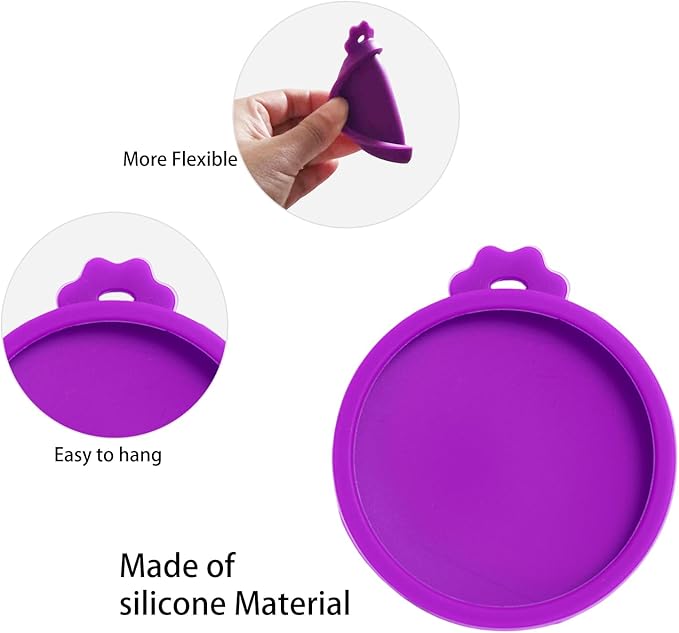 PINE & LINEN 4 Pcs 2.5inch Durable Pet Can Lids,Silicone Small Pet Can Covers Waterproof Cat Food Cans Lids for 3 oz Cat Food Cans（Sky Blue+Orange+Purple+Green）