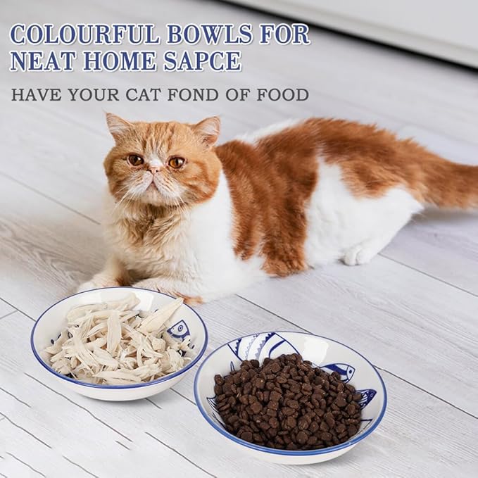HAPPY KIT 2Pcs Wide Shallow Cat Bowls,8.5oz Colorful Plate Set with Non-Slip Mat,5.7 inch Indoor Ceramic Cats Dish/Dishes Relief of Whisker Fatigue - Microwave and Dishwasher Safe