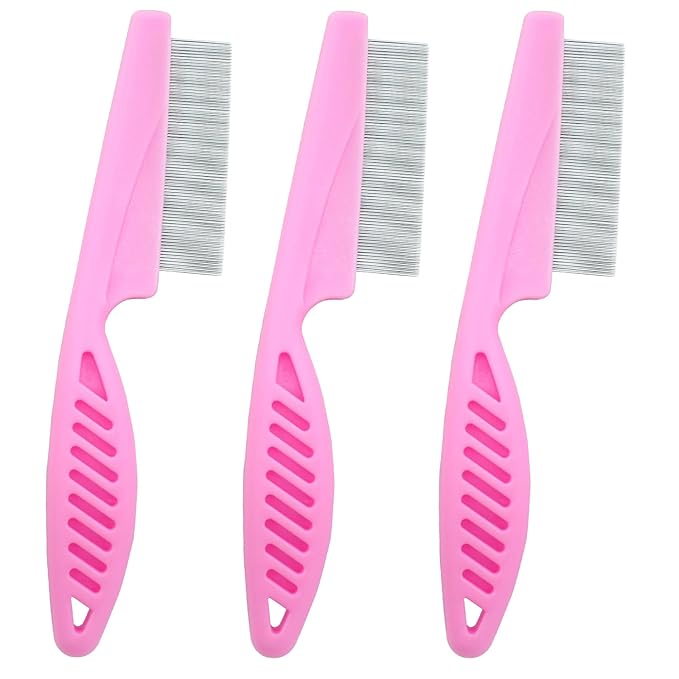 Flea Comb for Dogs and Cats, Metal Pet Lice Comb Fine Tooth Grooming Tool for Remove Anti Fleas and Flea Eggs(3pcs Pink)
