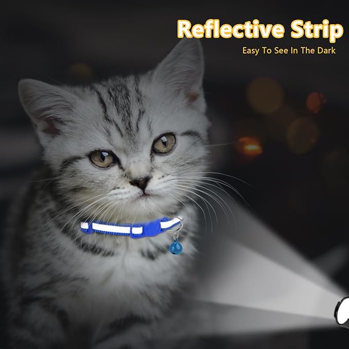 Taglory Kitten Collar Breakaway with Bell, Reflective Soft Cat Collar for Small Kittens, Adjustable 6-8 Inch High Visibility Night Strip, Lightweight for 2-6 Months Baby Cats, 2 Pack, NavyBlue