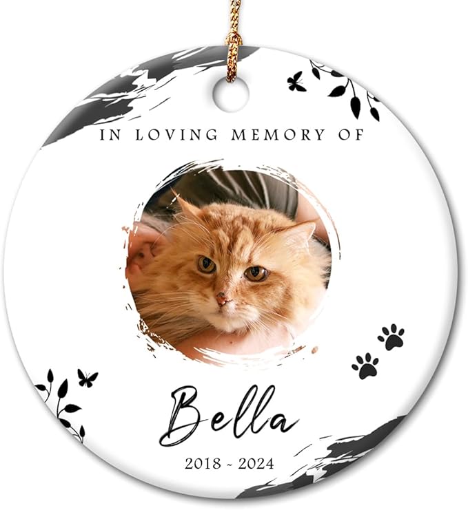 Cat Memorial Ornament - Personalized Ornaments Keepsake for Cats Losses - Pet Loss Gift, Kitten Passing Away Sympathy Gifts - Black & White Image Displayed Option - Custom Kittens Memorial
