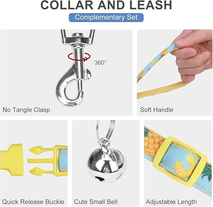 EXPAWLORER Dog Harness and Leash Set - Cute Puppy Harness Leash Dog Collar with AirTag Holder Silicone Case, Soft Padded Step in Pet Vest Reflective for Outdoor Walking, Pineapple L