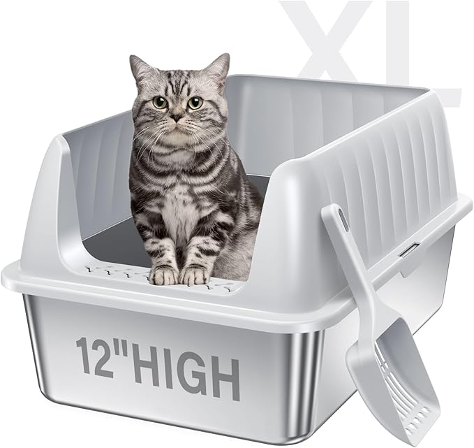 Stainless Steel Cat Litter Box XL with Lid, Enclosed Metal Extra Large Litter Box Pan High Sided with Scoop for Big Cats, Non-Sticky, Anti-Urine Leakage, Easy Cleaning