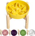 LE TAUCI Ceramic Slow Feeder Dog Bowls Elevated, 3 Cup Raised Bowl with Wooden Stand for Medium Large Breed, Slow Down Eating, Puzzle Dog Food Bowl, Star Yellow