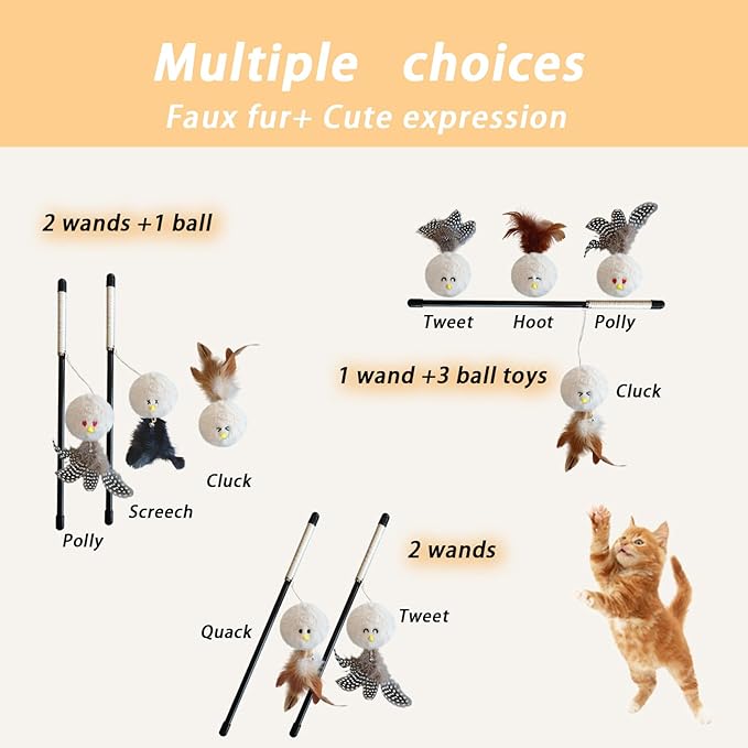 3 PCS Cat Wand Feather Toy, Cat Teaser Sticks with Catnip & Bell Interactive Plush Ball Cats Toys for Indoor Play Chase Exercise with Kittens