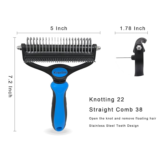 2-in-1 Dematting Brush for Dogs & Cats - Stainless Steel Detangling Comb with Ergonomic Handle - Safe Grooming Tool for Mats, Shedding, Tangled Fur