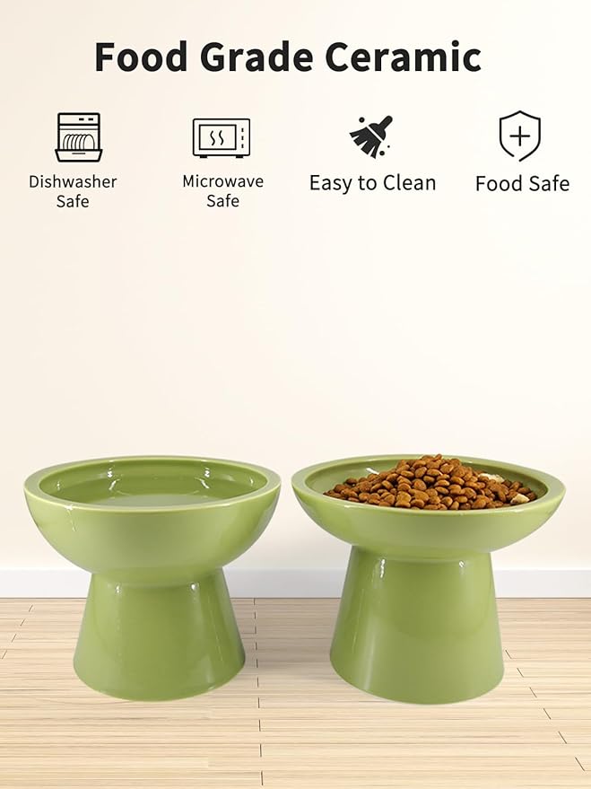 LoeJan Elevated Green Cat Bowls Set - Wide Raised Ceramic Feeder, Anti-Vomit Whisker-Free Bowl for Kittens to Adult Cats