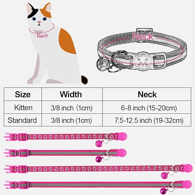Taglory Kitten Collar Breakaway with Bell, Reflective Soft Cat Collar for Small Kittens, Adjustable 6-8 Inch High Visibility Night Strip, Lightweight for 2-6 Months Baby Cats, 2 Pack, HotPink