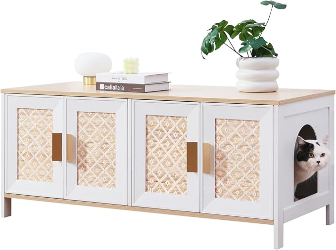 Large Boho Cat Litter Box Enclosure for 2 Cats, Hidden Cat Washroom Furniture with Rattan Doors, Dual Compartment Litter Cabinet & TV Stand, Modern Wooden Cat House (47.2”L x 19.6”W x 19.8”H)