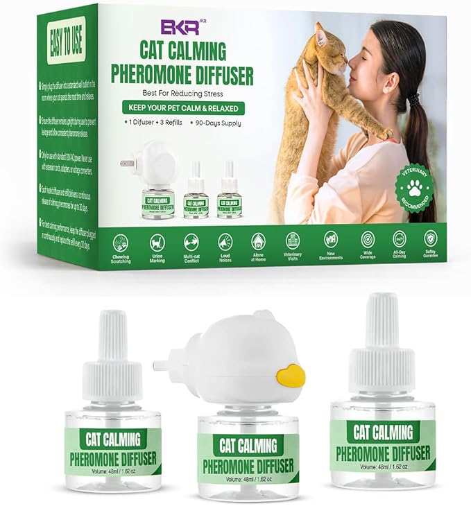 Cat Calming Diffuser Kit with (3 Pack) 48ml Refills Pheromone Diffuser for Cats Anxiety & Stress Relief, Calming Diffuser for Cats to Reduce Fighting & Scratching Cat Pheromone Diffuser