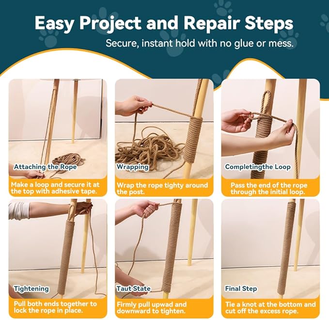 Natural Sisal Rope for Cat Scratcher Replacement, Durable Cat Tree Post Repair Cord for DIY Projects, Climbing Towers, Furniture Protection, Scratch Pad, Crafts, Garden, and Home Décor Use