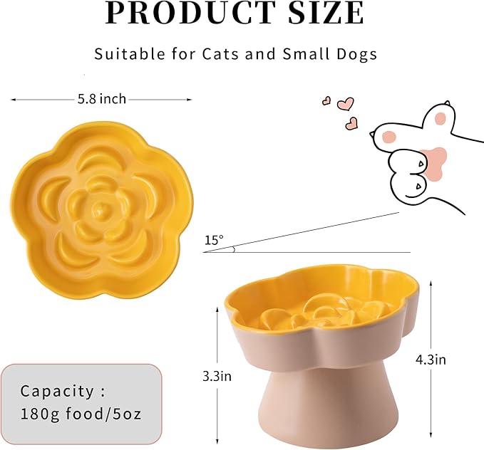 Tilted Cat Bowl, Flower-Shaped Ceramic Slow Feeder Cat Bowl, Raised Pet Bowl for Whisker Relief, Prevents Vomiting & Bloating, Non-Slip Base, Easy to Clean for Dry/Wet Food (Yellow & Beige)