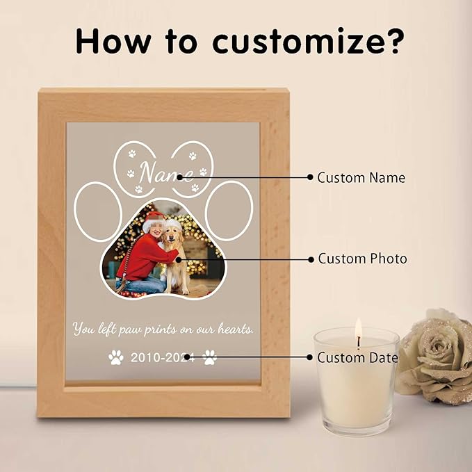 Personalized Dog Memorial Gift Night Light Customized Light Up Picture Frame Acrylic Led Plaque Lamp Pet Sympathy Remembrance Gift(Dog)