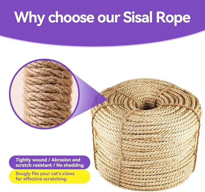 Natural Sisal Rope for Cat Scratcher Replacement, Durable Cat Tree Post Repair Cord for DIY Projects, Climbing Towers, Furniture Protection, Scratch Pad, Crafts, Garden, and Home Décor Use