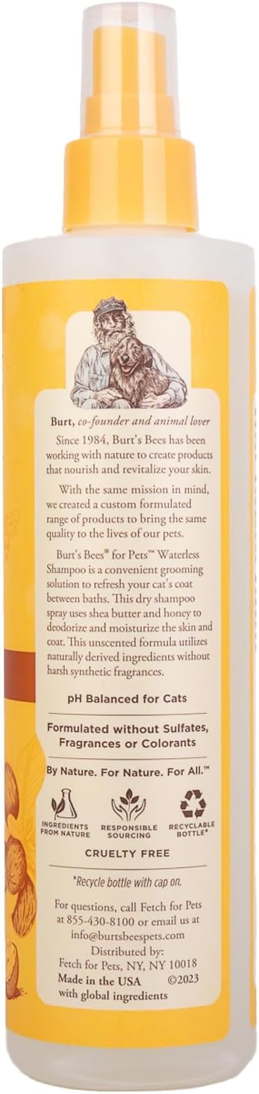 Burt's Bees for Pets Waterless Cat Shampoo Spray, No-Rinse Cat Dry Shampoo with Shea Butter & Honey for Gentle Cleaning Between Baths, pH Balanced, No Harsh Detergents, 10 Fl Oz
