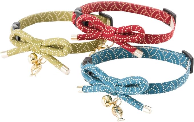 Necoichi Zen Fish Charm Cat Collar (Red) with Bell Safety Breakaway Soft Lightweight for Cats Kitty Kitten Japanese Stylish Pattern, No.1 Seller in Japan