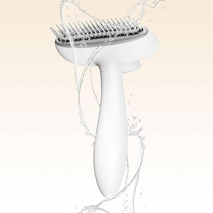 Self Cleaning Dog Deshedding Brush for Long Haired Dogs, 360° Rotating Comb Needles, Wider, Ergonomic Handle (White)
