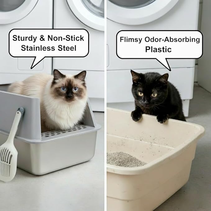 XL Stainless Steel Litter Box, Extra Large High Sided Metal Cat Litter Box with Lid and Scooper, Easy Clean, Non Stick & No Smell-24"x16"x12"