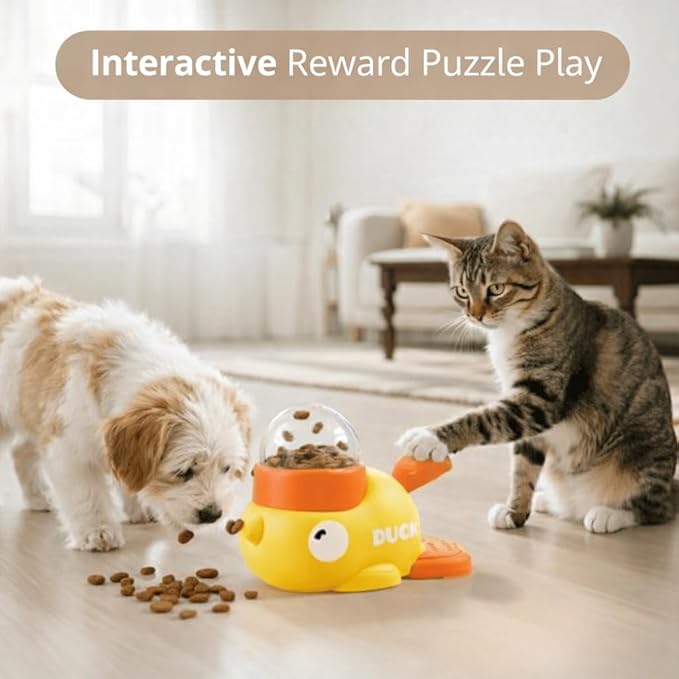 Yellow Duck Cat Feeder Toy with Duck Bib, Interactive Treat Dispenser for Cats & Small Dogs with 3 Adjustable Lids, Puzzle Toy for Slower Eating and Indoor Play