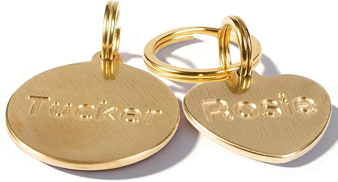 Solid Brass Personalized Dog Tags, Deep Engraved Pet ID Tag for Dogs and Cats, Heavy Duty Extra Thick Custom Name & Phone Number, Never Wear Off, Gift for Pets, 2 Polishing Pads Included (Heart)