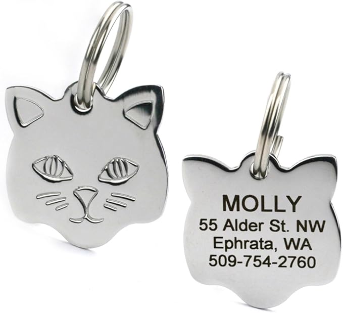 GoTags Stainless Steel Cat ID Tags, Available in Mouse and Cat Shapes, Includes up to 4 Lines of Custom Engraved Personalized Text
