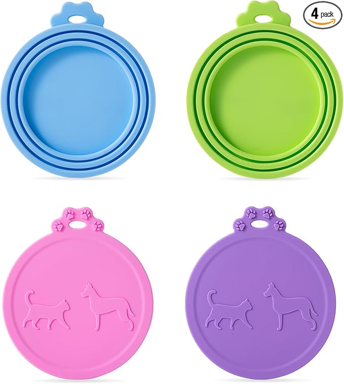 SLSON 4 Pack Pet Food Can Covers Universal Cat Dog Food Can Lids 1 Fits 3 Standard Size Cat Can Cover Lid Tops for Pet Food Storage (Blue+Green+Pink+Purple)