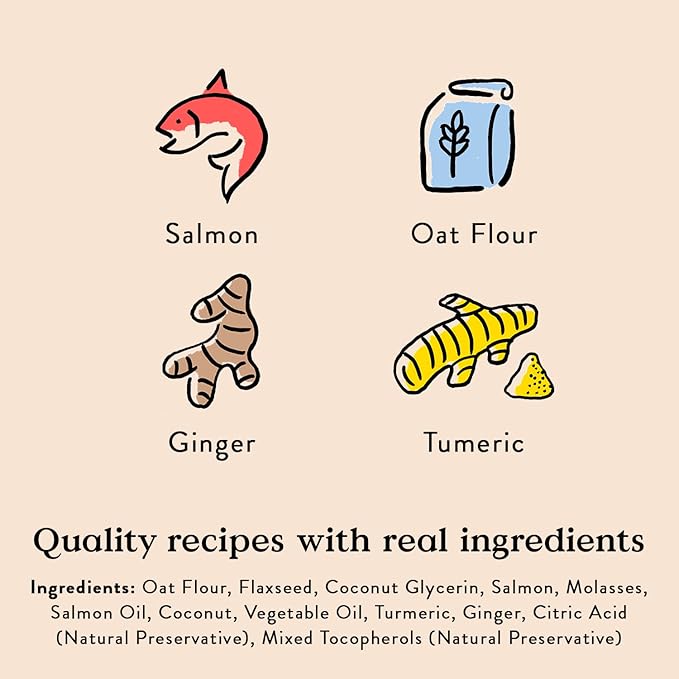 Bocce's Bakery Dailies Good Hair Dog Treats for Skin & Coat Support, Wheat-Free Dog Treats, Made with Real Ingredients, Baked in The USA, Natural Soft & Chewy, Salmon Recipe, 6 oz