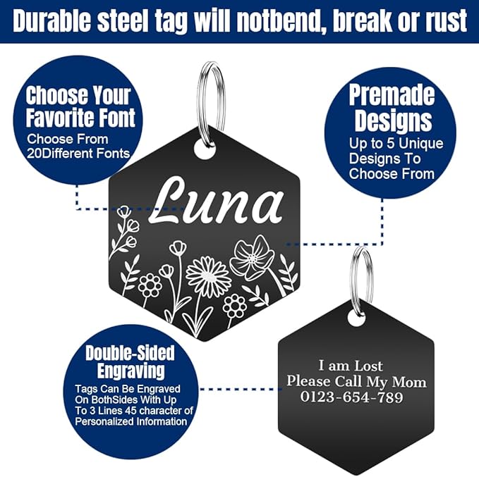 Personalized Dog Tags and Cat Tags, Stainless Steel Pet ID Tags, Collar Charm Engraved on Both Sides, up to 4 Lines of Custom Text, Various Patterns and Colors Options (Hexagon)