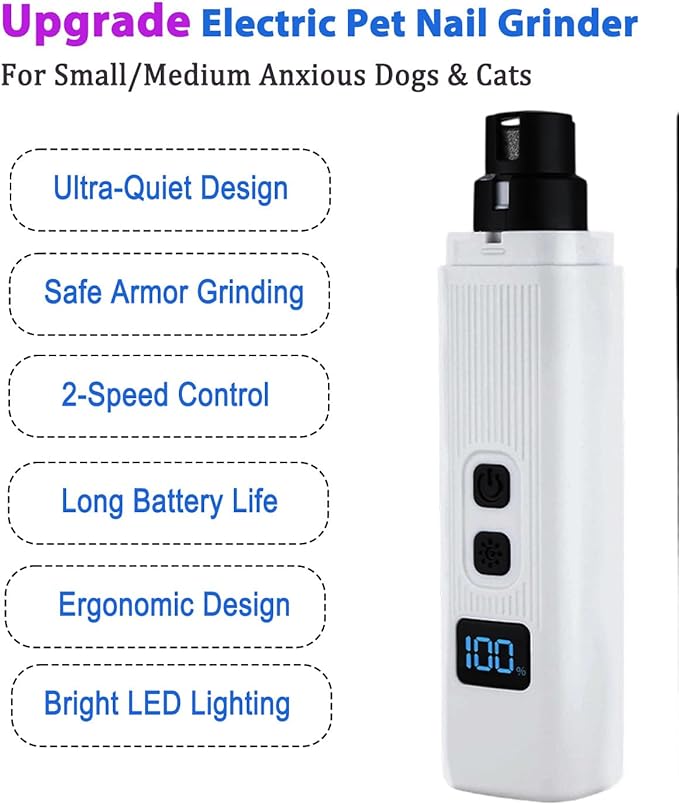Electric Dog Nail Grinder with 2 Level LED Lights, 2 Speed Super Quiet and Low Vibration Electric Cat Nail Grinder - Rechargeable Pet Nail Grinder for Small Dogs Cats - White