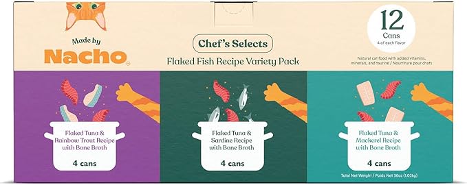 Made by Nacho Flaked Filets Recipe in Bone Broth, Grain-Free Chef's Selects Wet Food for Cats Balanced Diet in Naturally Hydrating Pumpkin-Infused Broth (3.0 oz (Pack of 12), Flaked Fish Variety Pack)