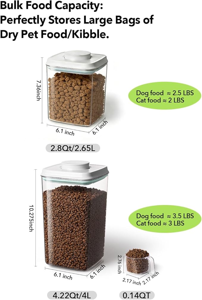 Dog Food Storage System with One-Touch Lid & Scoop, Mixed Size Set (2.8 QT / 2.65 L & 4.2 QT / 4.0 L) Cat Food Storage Container，Stackable Durable PET for Kibble, Treats & Complete Feeding