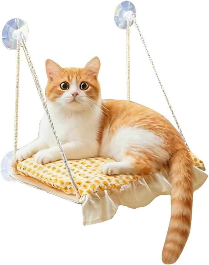 Cat Window Perch, Heavy Duty 20KG/44LB Suction Cup Hammock Bed with Soft Cushion, Secure & Stable Window Mount for Lazy Time, Bird Watching, Safe for Large Cats, 18.9"x14.5" (Little Bear)