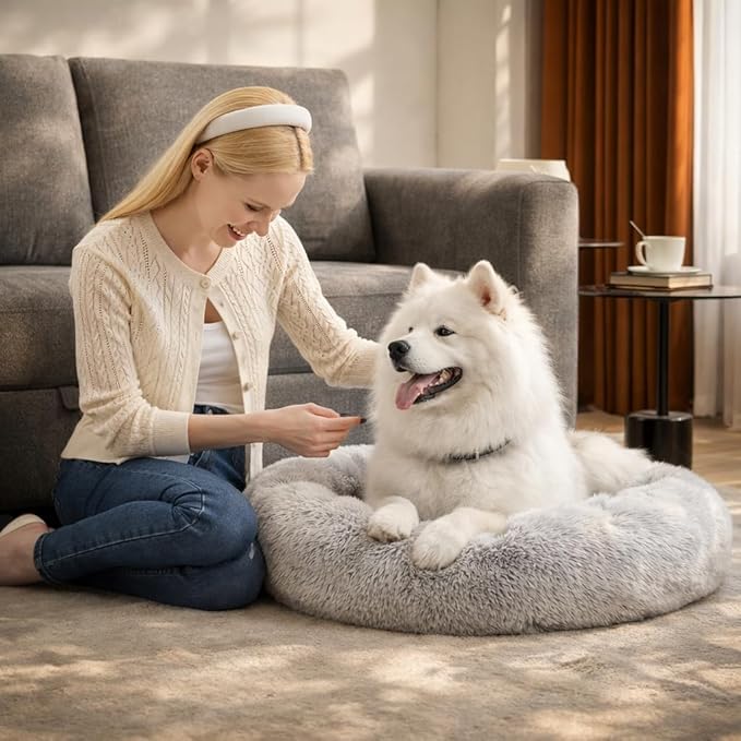 Dog & Cat Bed for Indoor Cats, 37in Calming Donut Pillow mat for Puppy and Kitten, Washable Cooling Round Fluffy Pet Nest for Small Medium Dogs and Cats, Light Grey