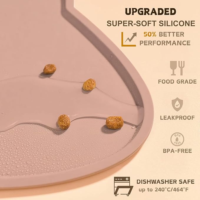 Cat Food Mat, Silicone Non Slip Dog Bowl Mat Waterproof Cat Feeding Mat Stop Food Spills and Water Messes Out to Floor Pet Food Mat (Tea Rose, 17" x 10")