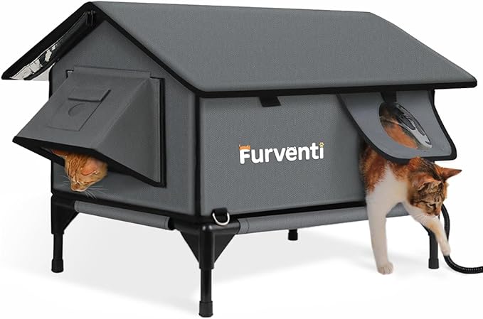 Heated Cat House for Outside,Extremely Weatherproof&Insulated in Winter,Elevated Outdoor Cat Shelter with Waterproof Eaves&Escape Door for Feral Stray Barn Cats(Dark Grey,M)