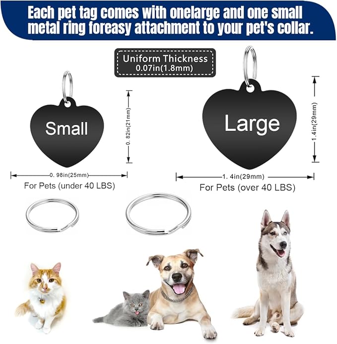 Personalized Dog Tags and Cat Tags, Stainless Steel Pet ID Tags, Collar Charm Engraved on Both Sides, up to 4 Lines of Custom Text, Various Patterns and Colors Options (Heart)