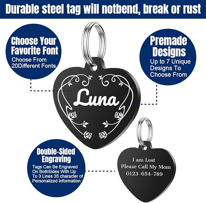 Personalized Dog Tags, Stainless Steel Pet Tags Personalized Cat, Collar Charm Engraved on Both Sides, up to 4 Lines of Custom Text, Multiple Patterns Colors Size Options (Flower, Large)