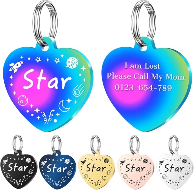 Personalized Dog Tags, Stainless Steel Pet Tags Personalized Cat, Collar Charm Engraved on Both Sides, up to 4 Lines of Custom Text, Multiple Patterns Colors Size Options (Star, XSmall)