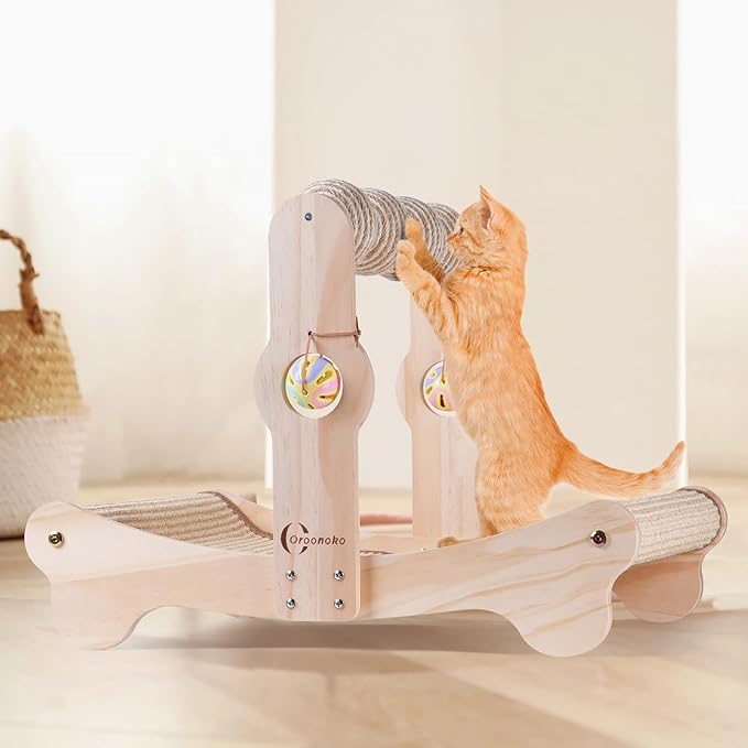Oroonoko 4-in-1 Cat Scratcher Bed with Scratching Balls & Bells, Large Sisal Scratching Bed, Cat Scratches Bed for Indoor Cats, Anti-Tip Wood Base, Cat Bed & Scratch Pad for Large Cats up to 50 lbs