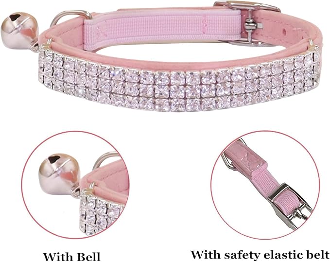 THAIN Rhinestones Cat Dog Collar Soft Velvet Safe Adjustable Collar Bling Diamante with Bells, 8-11 inch for Small Dogs and Cats (Purple)