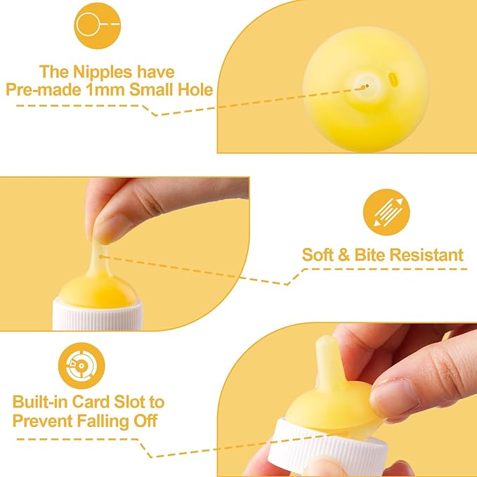 Kitten Nursing Nipple with Syringe, Wide Mouth Angled Puppy Feeding Bottles, with Ventilation Valve Resistant Tearing for Puppies, Kittens, Rabbit, Small Wildlife (L Nipple,Yellow)