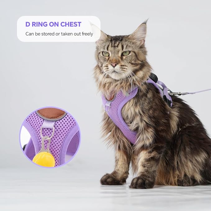 Cat Harness and Leash Set with AirTag Holder: Upgraded Escape Proof Vest with Lead for Small Dog Puppy Large Cat Walking，Soft Breathable Mesh Coat with Reflective Strip (Purple, L)