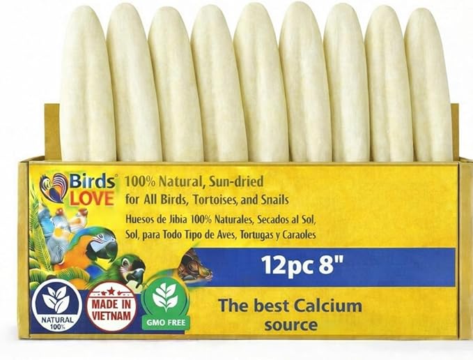 Birds LOVE 7.5-8" Cuttlebones for Birds – 100% Natural Sun-Dried Calcium Carbonate Mineral Supplement – for Parakeets, Budgies, Cockatiels, Finches & Canaries – 12 Pack with Holder – Made in Vietnam