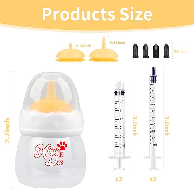 Pet Feeding Bottle and Syringes,60ml Nursing Bottle, 3 Sizes Nipples with Ventilation Valve Resistant Tearing Perfect for Puppies, Kittens, Small Wildlife (Yellow)