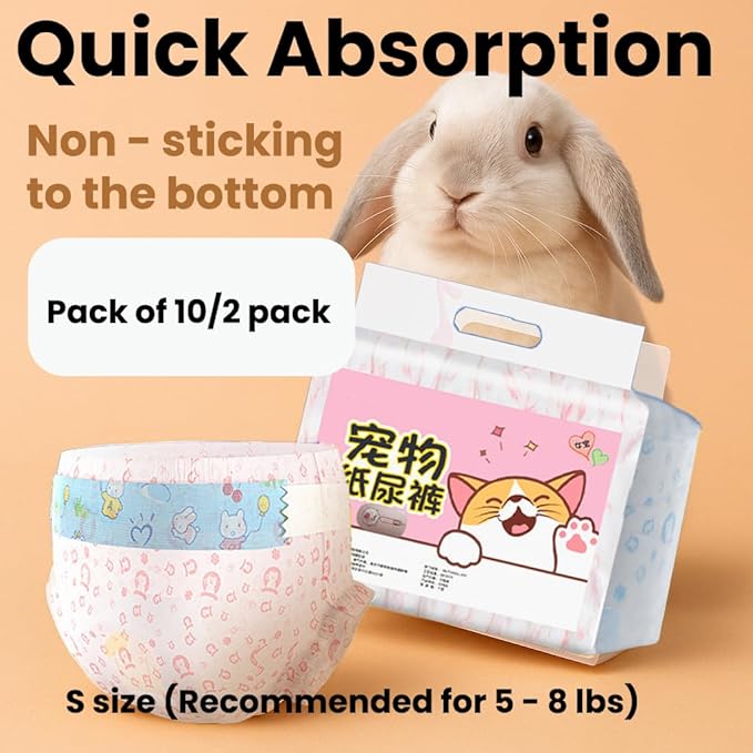 Leakproof Bunny Diapers – Disposable Pet Diaper for Rabbits, Great for Incontinence, Surgery, and Potty Accidents (Pack of 10/2 Pack,S Size (Recommended for 5-8 lbs))