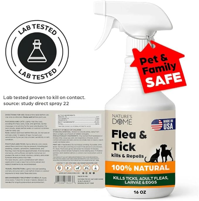 Nature’s Dome Outdoor Flea & Tick Spray – 16 oz – Kills & Repels Fleas, Ticks, Larvae & Eggs – Plant-Based Pest Control – Safe for Pets, Kids & Plants – Ready-to-User