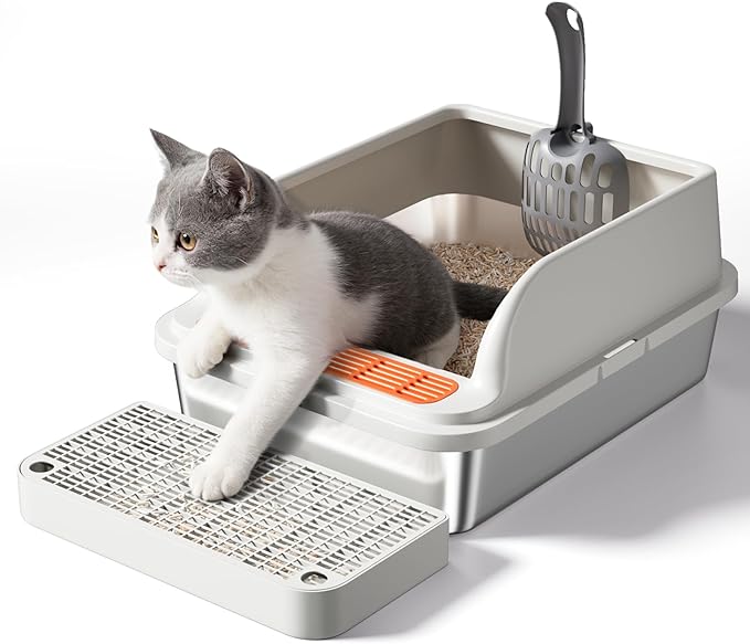 Stainless Steel Cat Litter Box, Metal Kitty Litter Box Includes Litter Mat & Scoop, Easy Cleaning Anti-Scratch Kitty Cat Box Anti-Urine Leakage, Non-Sticky, Perfect for Small Cats, Light Gray