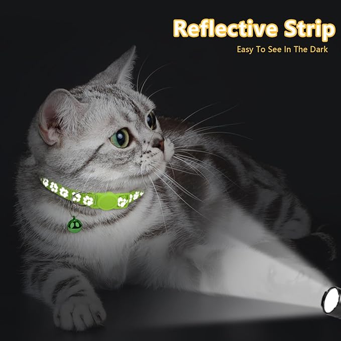 Taglory Reflective Cat Collar Breakaway with Bell, High Visibility Night Strip, Lightweight Adjustable Nylon Collar for Boy Girl Cats, 2 Pack, 7.5-12.5 Inch, Green