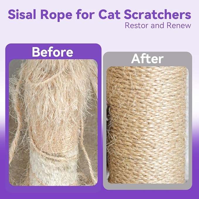 Natural Sisal Rope for Cat Scratcher Replacement, Durable Cat Tree Post Repair Cord for DIY Projects, Climbing Towers, Furniture Protection, Scratch Pad, Crafts, Garden, and Home Décor Use