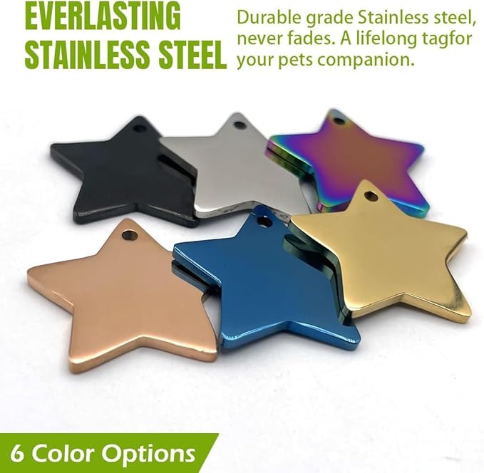Stainless Steel Cat ID Tag Personalized Pet Tags with up to 4 Lines of Custom Text, Small Pet Mini Dog Cat Tag Lightweight, Engraved on Both Sides, Multiple Patterns Colors Size Options (Star Icon)